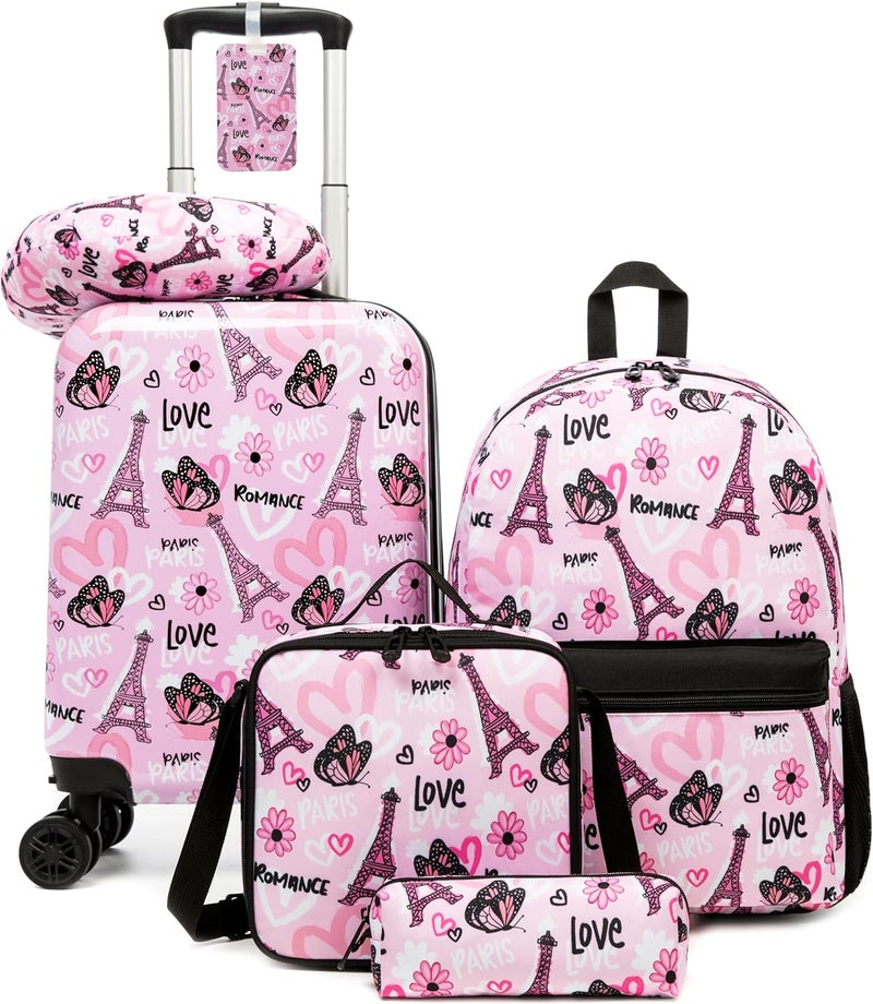Esteemly Kid's Luggage Set 5 Piece Suitcase Set 16" Hardside Luggage with Spinner Wheels Girls Carry on Toddler Travel Rolling Suitcase with Neck Pillow Airline Approved - Image 1